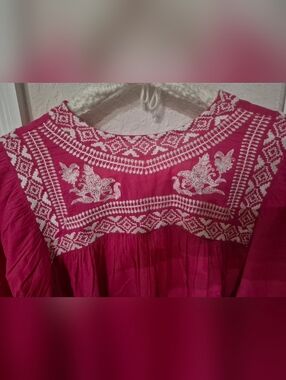 Zara Hot Pink Embroidered Peasant Puffy Long Sleeve Blouse